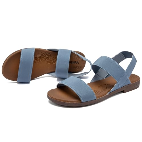Image of Veittes Women's Double Bands Elastic Strap Slide Flat Sandals