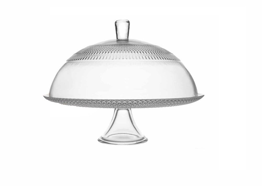 DRW Plato de Tarta con Tapa de Cristal, Base con Borde Decorativo, Pedestal Elegante, 32 cm