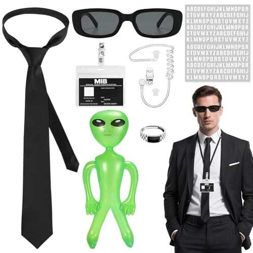 Agent Costume Accessories Set Secret Agent Dress-Up Kit with ID Card Black Sunglasses Fake Earpiece Zip Tie Inflatable Green Alien Ring and StickersPerfect for Halloween Cosplay Party Carnival