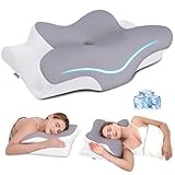 Missleep Cervical Neck Pillow, Memory Foam Pillows for Neck & Shoulder Pain Relief, 2 Heights Ergonomic Pillow with Breathable Ice Silk Cover, Neck Support Pillow for Stomach Sleepers Grey