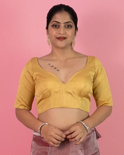 Image of FIGURE'S DESIGNER Women's Dupion Raw Silk Half Elbow Sleeves Sweetheart V Neck Sabyasachi Cut Readymade Saree Blouse S10
