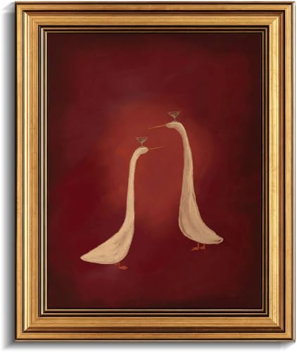 Image of Gold Framed 3D Textured Wall Art, Red Martini Duck Canvas Prints, Minimalist Cocktail Animal Pictures Decor, Funny Rustic Bar Cart Artwork for Kitchen Dining Room Living Room 9x11inc