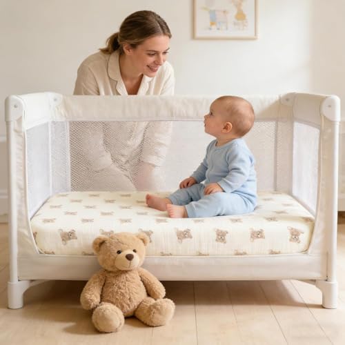 Image of Organic Pack and Play Sheets Fitted 38 inchx26 inch 100% Muslin Cotton, Mini Crib Sheets Compatible with Graco /hiccapop /YENING /Dream On Me /Babylicious Pack N Play Mattress, Playard Bedding Sheet Bed Cover