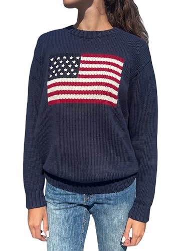 Luckinbaby American Flag Sweater for Women Striped Star Sweaters USA Sweatshirt Patriotic Knitted Loose Pullover Top(Crewneck Blue,M)