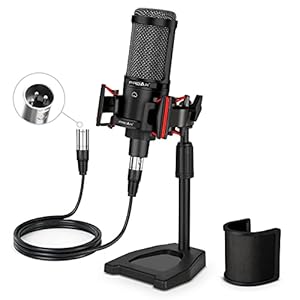 Condenser Microphone XLR, Cardioid Pickup Pattern, 48V Phantom Power Required, Shock Mount & Pop Filter Included, Sturdy Base & Height Adjustable Stand