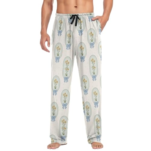 Men’s Vintage Flowers Bows Pajama Pants with Pockets, Comfortable Lounge Sleep Bottoms#7253
