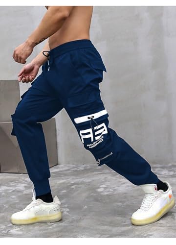 Image of Kraasa Men Printed Cotton Blend Slim Fit Regular Cargo Joggers