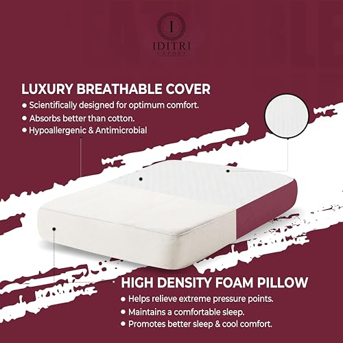Image of High Density Shredded Memory Foam Pillow Set of 2, 60x38x10 cm Orthopedic Neck Relief, White /Maroon Geometric Jacquard Case, Aligned Spine Bedding for Side
