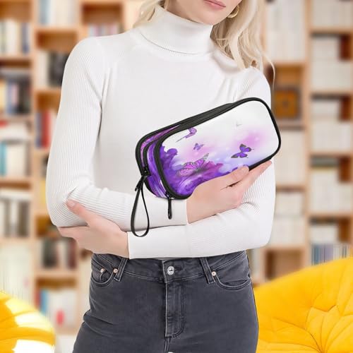 Image of ALAZA Butterfly Purple Flowers Pencil Case for Boys Girls Kids Pencil Pouch 3 Compartment Pen Bag Large Capacity Storage Pencil Holder School Students with Zipper