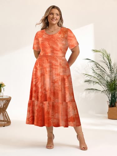 Image of LARACE Plus Size Dresses for Women Summer Casual Short Sleeve Long Dress Flowy Maxi Beach Dresses with Pockets L-6XL