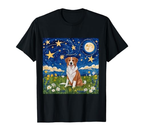 星月夜犬、牧草地の風景、天の芸術。 Tシャツ