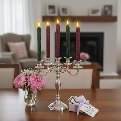 Image of Flameless LED Taper Candles with Remote & Timer - 9.5 inch Red Green Hand Rolled Beeswax Honeycomb Candlesticks Flickering Battery Operated Window Candles for Wedding Mother's Day Home Decor,4 Pack