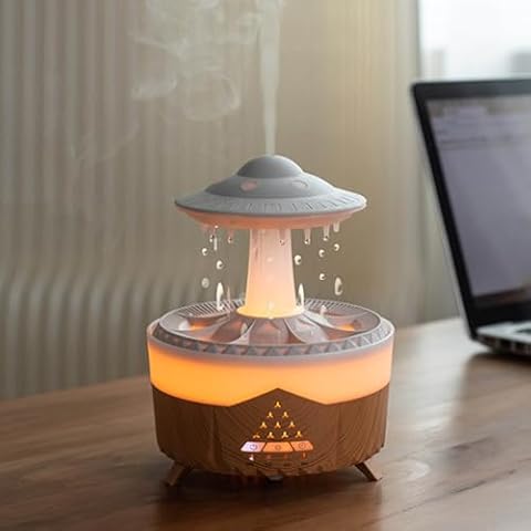 Gugxiom Raindrop Humidifier, Aromatherapy Diffuser, Rain Cloud Humidifier Water Drip, Mushroom Rain Lamp, 7 Color Night Light, 2H 4H 8H Timing, 450ml,Waterless Auto Off (Wood grain) Cover