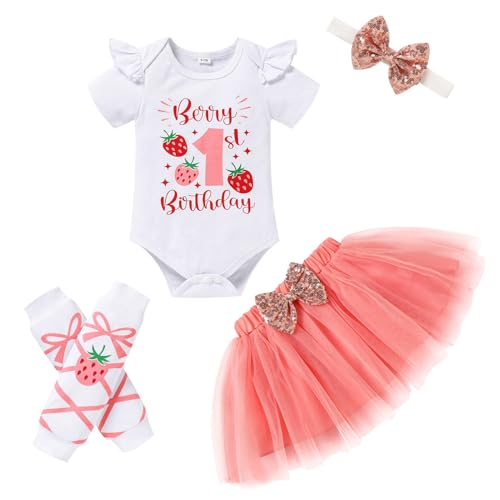 Image of GRNSHTS Baby Girl Birthday Cake Smash Outfit Toddler Girl My 1st Birthday Romper Tutu Skirt with Headband Clothes Set