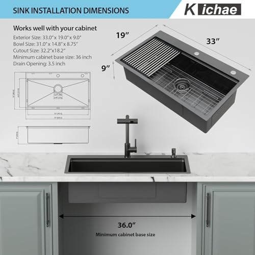 Image of Kichae 33x19 Drop In Kitchen Sink Black with Faucet Combo Stainless Steel 16 Gauge Workstation Sink Topmount Handmade Single Bowl Basin with Accessories