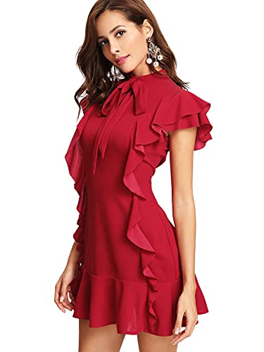 Floerns Women's Tie Neck Short Sleeve Ruffle Hem Cocktail Party Dress Red M #TOP2
