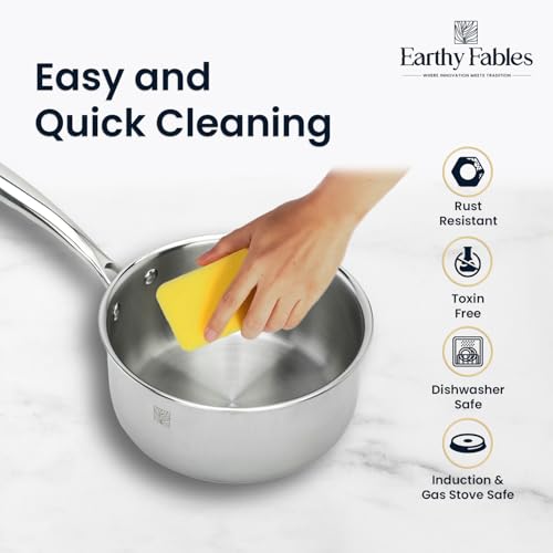 Image of Earthy Fables Triply Stainless Steel Saucepan, Milk Pan /Tea Pan /Chai Pan, 18cm, 2.2Ltr, 1kg, Food Safe, No Chemical Coating, Easy to Clean & Rust Resistant, Stove & Induction Bottom