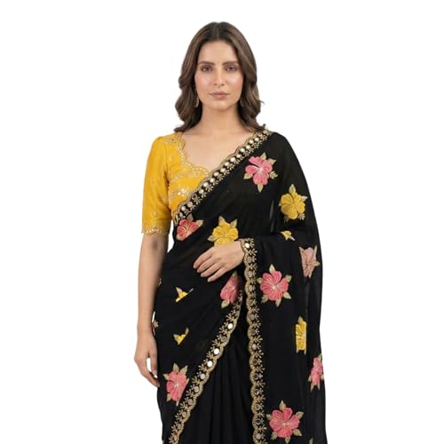 Image of Handcrafted Floral Embroidered Saree with Contrast Blouse