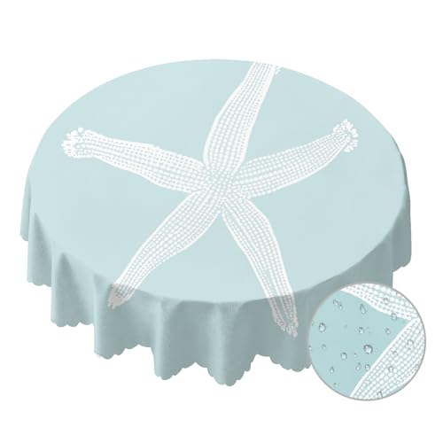 Yibeas Tablecloth Round White Starfish Table Cloth Ocean Wildlife Sketch Granular Tube Feet Tentacle Sea Nature Cyan Table Cover for Dining Room Kitchen Decoration 60inch by Yibeas - Used condition - US$15.04