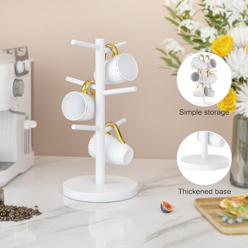 Wisuce White Coffee Mug Tree, Updated Thick Bamboo Mug Holder Base,Coffee Cup Stand Mug Holders with 6 Hooks for Countertop Organizer Stand by Wisuce - Image 6