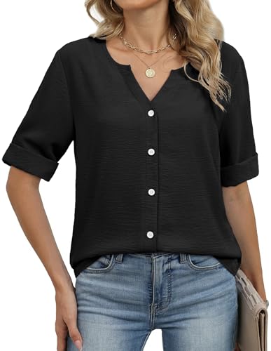 Image of OFEEFAN Button Down Shirts for Women 3 /4 Length Sleeve Tops V Neck Blouses Business Casual Outfits Loose Fit