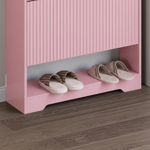 Image of BORNOON Shoe Cabinet with 2 Flip Drawers, Fluted Shoe Storage Cabinet with Adjustable Shelves, Freestanding Rack and Organizer for Entryway, Closet, Hallway