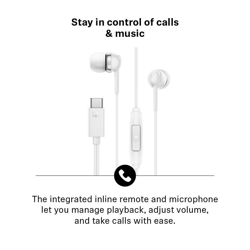 Image of Sennheiser CX 80U Wired in-Ear Earphones with in-Line Microphone, One Button Smart Control, Lightweight Design, USB Type-C, 3 Ear Tip Sizes, 1Y Warranty, Voice Control, White