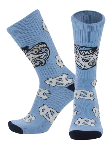 UNC Tar Heels Crew Socks - Mens & Womens NCAA Fan Apparel - Mayhem (Columbia Blue/White Made in USA Large)