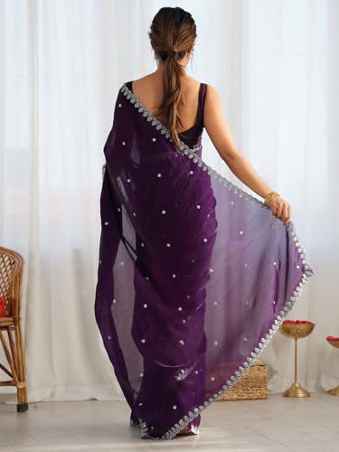Image of AKHILAM Women's Shimmer Tissue Embroidered Saree With Unstitched Blouse Piece