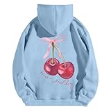 Tuislay Womens Cute Cherry Graphic Hoodie Ribbon Bow Printed Sweatshirt Drop Shoulder Aesthetic Pullover Hoodies With Pocket(Blue,S)