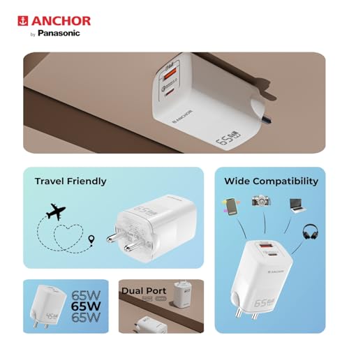 Image of Anchor by Panasonic Type C Dual Port 65W GaN Fast Wall Charger, Compact Travel Adapter with Short Circuit Protection, High Speed Charging for Samsung, iPhone, Headphone, Camera, Laptop