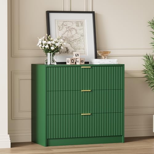 Image of Furniway 31.5 inch Large Nightstand with 3 Drawers, Fluted Bedside Table, Modern Tall End Table with Storage, Wood Night Stand Organizer Cabinet for Bedroom, Green