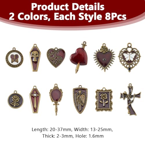 DICOSMETIC 24Pcs 12 Styles Halloween Charm Gothic Style Charm Black Red Alloy Charms Rose Skull Heart Sword Pendant Coffin Pendants Crafting Dangle Charm for Jewelry Making - Image 2