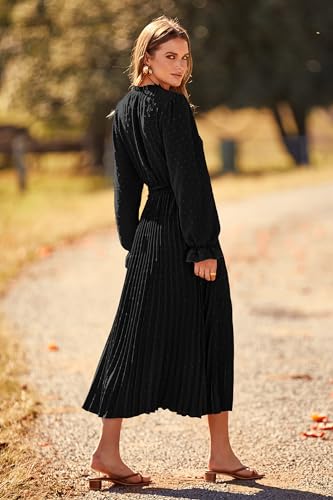PRETTYGARDEN Women's 2025 Spring Fall Midi Dress Casual Long Sleeve V Neck Swiss Dot Pleated A Line Flowy Dresses (Black,Large) - Image 2