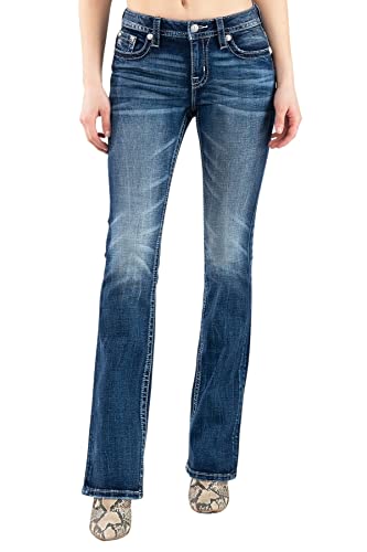 Miss Me Women's Mid Rise Aztec Cross Boot Cut Jeans 32" Inseam (Dark Blue, 29) #TOP20