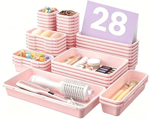 Image of A-LuGei 【Military Grade Drawer Organizer, 【𝟱𝗦𝗶𝘇𝗲】 Makeup organizer, 【Holds 177 Items】 Bathroom Organizers and Storage, Organization and Storage, Desk Drawer Organizer for Vanity (Pink)