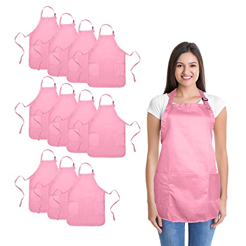 DALIX Apron Commercial Restaurant Home Bib Spun Poly Cotton Kitchen Aprons (2 Pockets) (12, Pink)