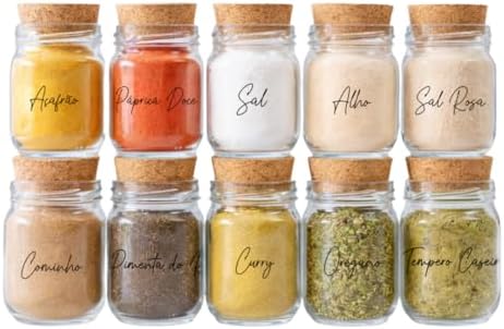 Kit de Potes de Tempero em Vidro com Rolha de Cortiça, 200ml, Inc...