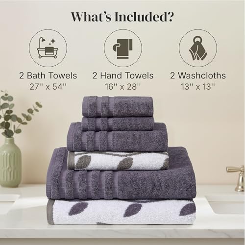 Image of Modern Threads 6 Piece Bath Towel Set - Bathroom Set with 2 Bath Towels, 2 Hand Towels, and 2 Wash Cloths - 100% Cotton, Super Absorbent & Extra Soft - Reversible Natural Vine (Purple)