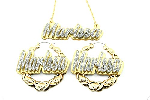 Name Necklace Plate Personalized Custom Acrylic Nameplate And 2.5" Xoxo Gold Earrings Made To Order Any Name Jewelry Set Laser Cut Diamond Look Glitter Script Cursive Letters, Quality Gold Chain, Stunning #TOP1