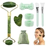 8 Stück Gua Sha Stein and Face Jade Roller Set, Natürlicher Jade Massageroller, Gesichtsroller Massagewerkzeug für Augenschwellungen Routine skincare (Grün)