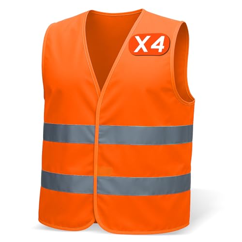 Set de 4 chalecos reflectantes para Hombre & Mujer – Cumple con EN ISO 20471 & EN ISO 13688 – Tiras Reflectantes, Ligero & Transpirable – chaleco reflectante moto, chaleco reflectante coche.