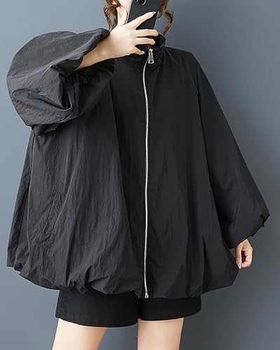 ellazhu Women's Coat Solid Zipper Up Puffed Bubble Long Sleeve Two Side Pockets Mock Neck Plus Size Casual Fashion GZ5833