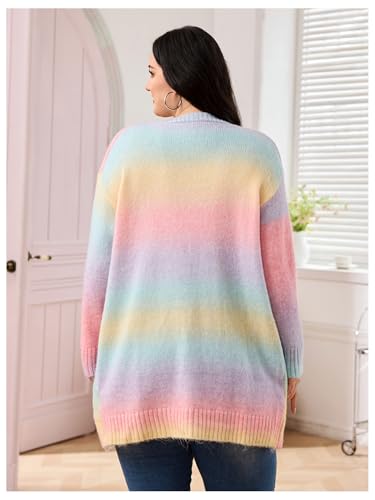 Image of MakeMeChic Women's Plus Size Rainbow Colorful Cardigans Open Front Long Sleeve Knit Cardigan Sweater
