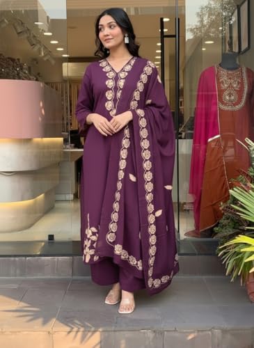 Image of ANNI Designer Women Embroidered Straight Kurta Palazzo Dupatta Set Rayon Viscose Kurti Pant Set Ladies Ethnic Wear for Office Festive Daily Use