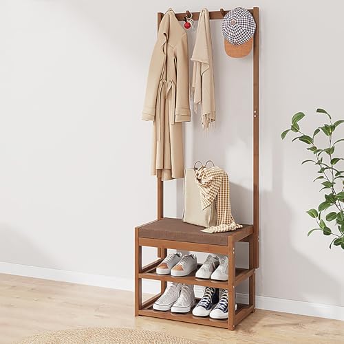 Porte-manteau avec banc et meuble à chaussures,cadre en bambou massif,porte-manteau étroit en bois avec banc,crochets et double support de rangement,3 en...