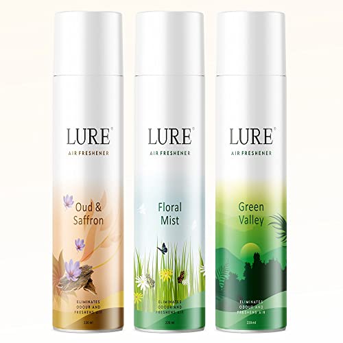 Image of Lure Room Freshener | Air Freshener for Home And Office - Oud & Saffron, Floral Mist, Greenvally (220ml Each, Pack of 3)