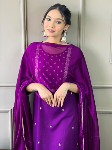 Image of Naixa Women's Viscose Embroidered Straight Kurta with Viscose Pant and Silk Blend Printed Dupatta Sets (NK-430)