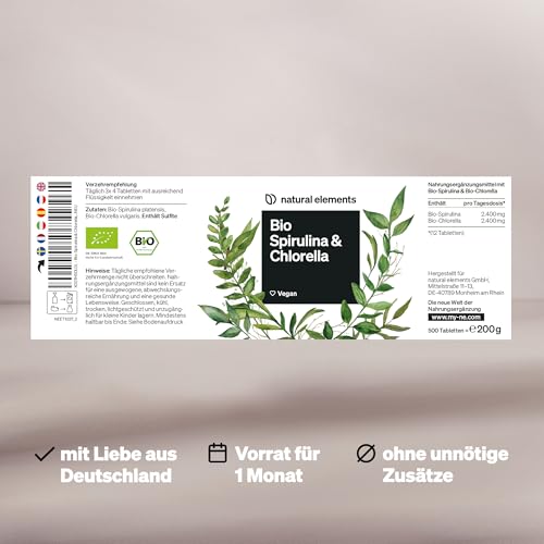 natural elements Bio Spirulina & Chlorella Presslinge – 500 Tabletten – 100% Rein & Natürlich – Zertifiziert Bio, laborgeprüft, ohne Zusätze, vegan und in Deutschland produziert