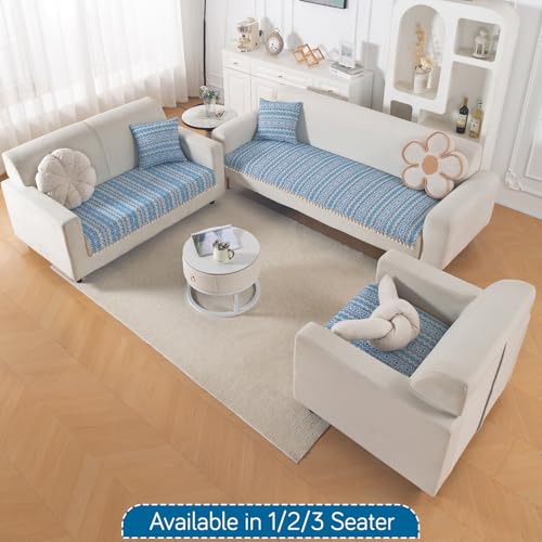 Image of HOKIPO Sofa Cover Mat with Tassel | 300 GSM Cotton Acrylic Jacquard for 2 Seater Sofa,'Trivana Series' Aqua Blue (IN-934-J7*S)